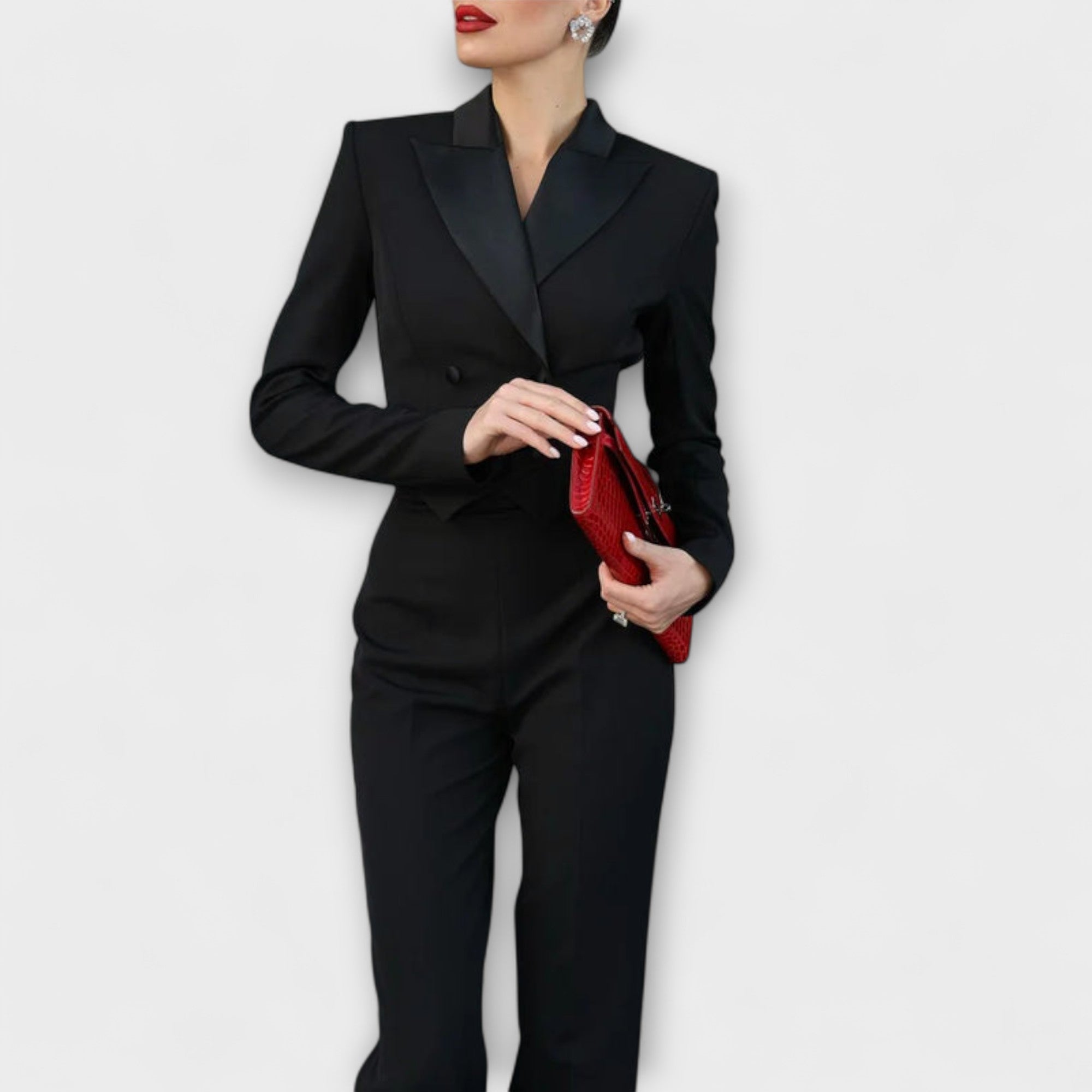 Noa - Schwarzes Perlenbesetztes Rückenfreies Kurzes Blazer Set